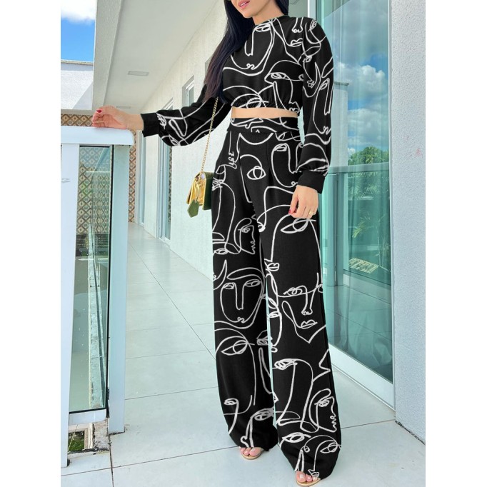 Abstract facial print short top high waisted wide leg pants set