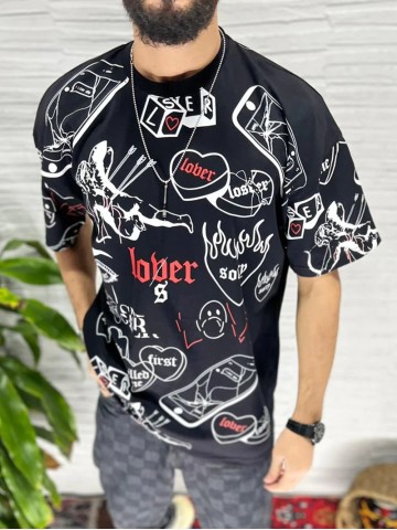 Black large silhouette pattern T-shirt