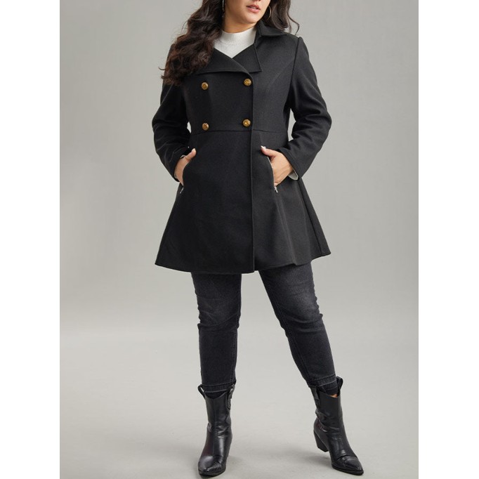 Black tweed coat with waist lapel for women