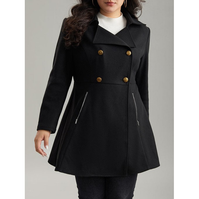 Black tweed coat with waist lapel for women