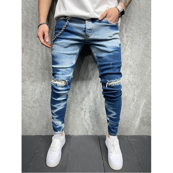 Bleached Chain Perforated Jeans