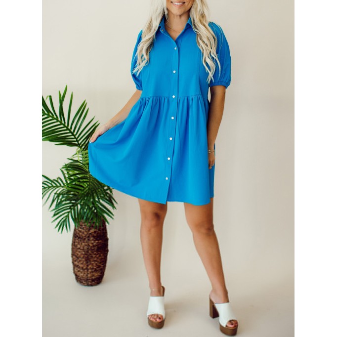 Blue Button Bubble Sleeve Shirt Dress