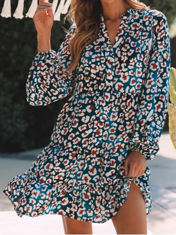 Blue Leopard Print Bubble Sleeve Ruffled Shirt Dress