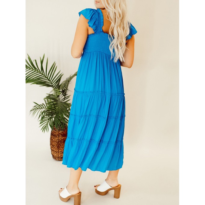 Blue pleated ruffled mid length dress