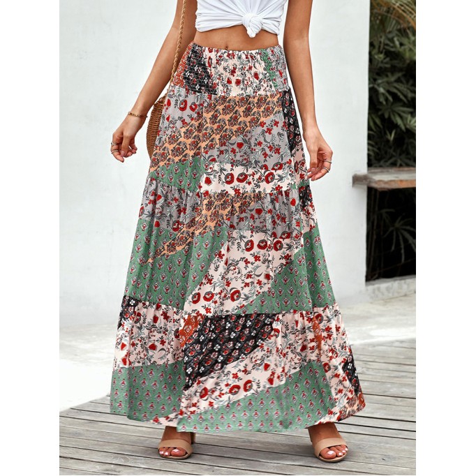 BOHO PRINT TIE-UP WAIST LONG MAXI SKIRT