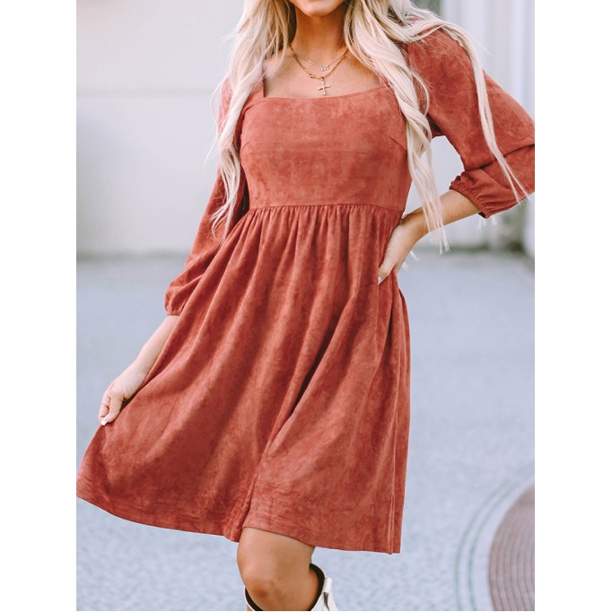 Brown Suede Square Neck Puff Sleeve Dress