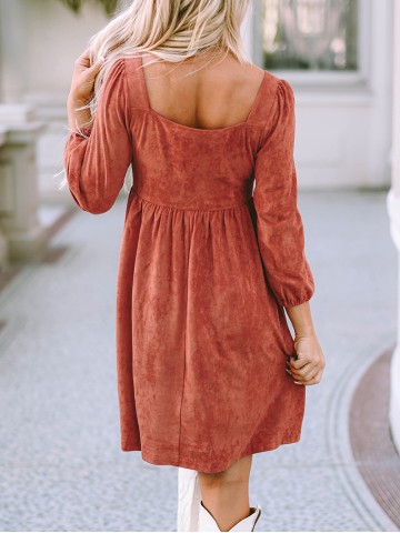 Brown Suede Square Neck Puff Sleeve Dress