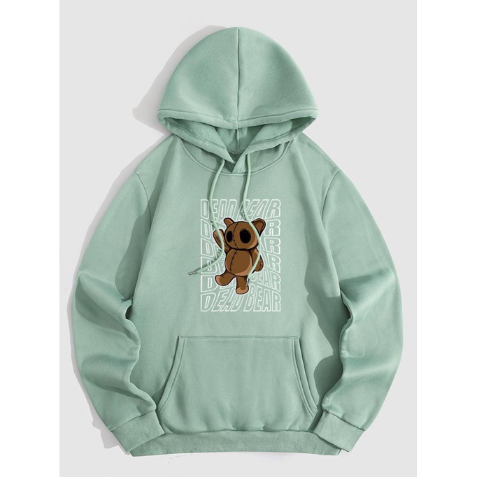 Cartoon Bear Letter Graphic Pattern Fleece-lined Hoodie