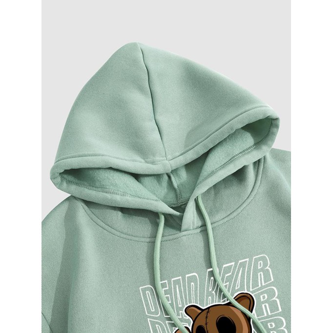 Cartoon Bear Letter Graphic Pattern Fleece-lined Hoodie