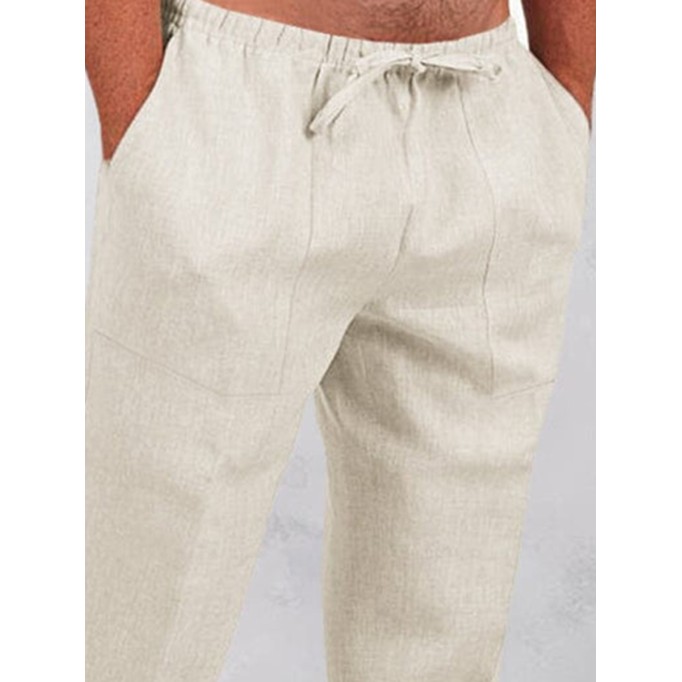 Casual solid color elastic waist cotton and linen straight pants