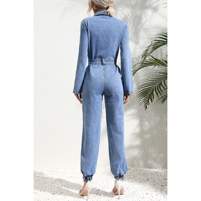 Casual Street Solid Bandage Pocket Turndown Collar Long Sleeve Regular Denim Jumpsuits