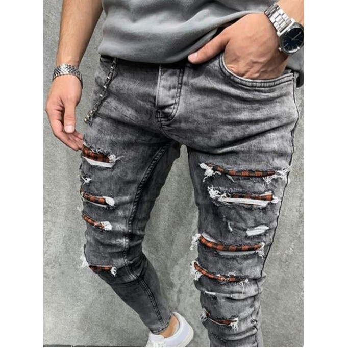 Checkered Chain Tight Perforated Jeans