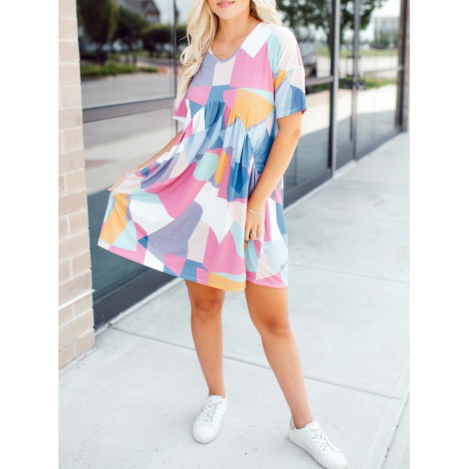 Contrast geometric pattern pleated dress