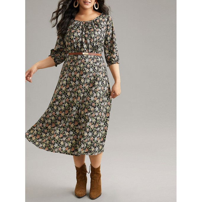 Crew-neck spliced plus-size floral dress for women