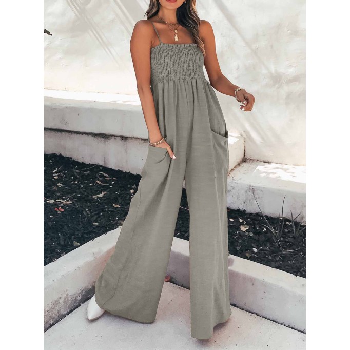 Fashion Living Solid Pocket Spaghetti Strap Loose Jumpsuits