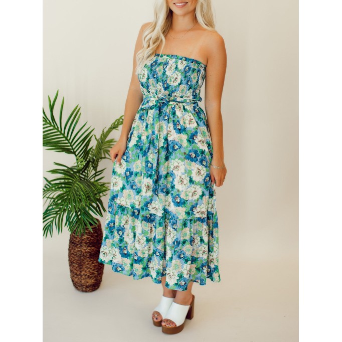 Floral patterned strapless mid length dress