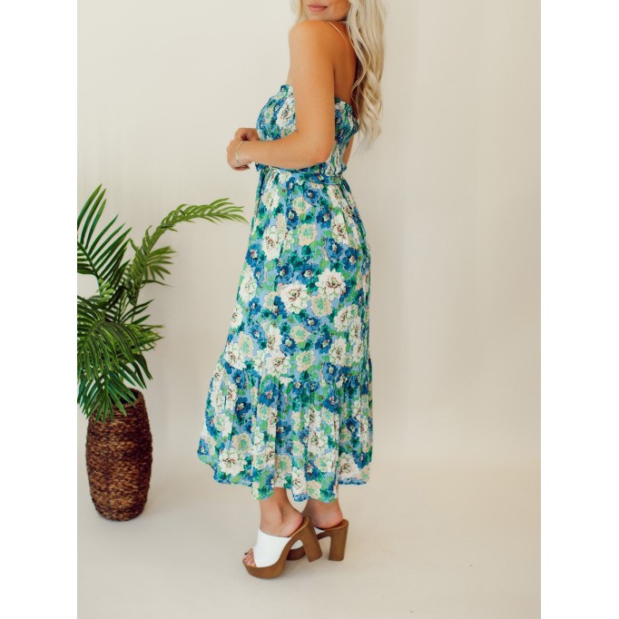 Floral patterned strapless mid length dress