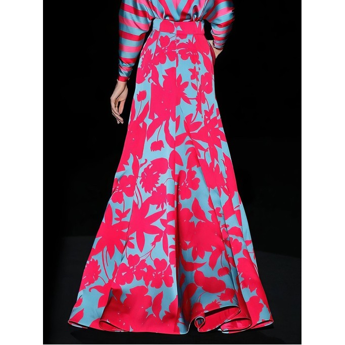 Floral Print Deep V-Neck Long Sleeve Floor Length Dress