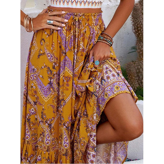 FLORAL PRINT RUFFLED DRAWSTRING BOHO MAXI SKIRT