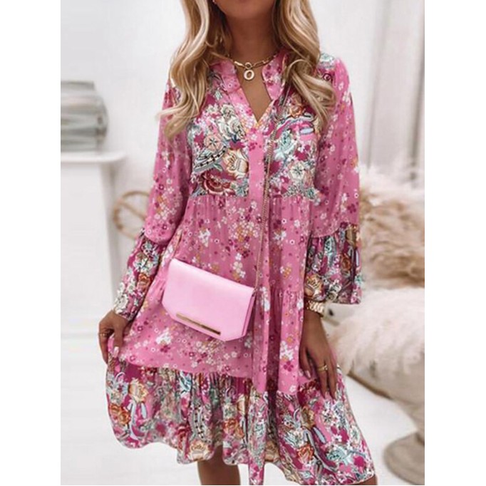 Floral Ruffle Smocked Print V Neck Casual Flare Mini Dress