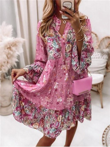 Floral Ruffle Smocked Print V Neck Casual Flare Mini Dress