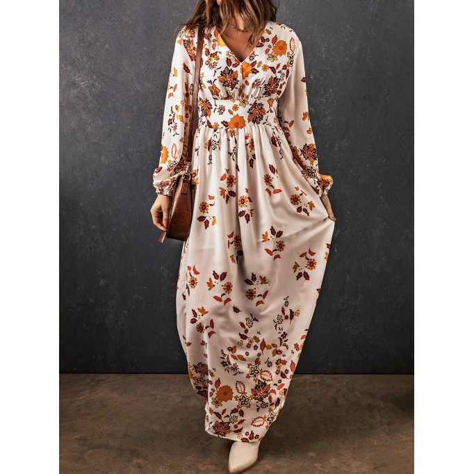 Floral V-Neck Long Sleeve Maxi Dress