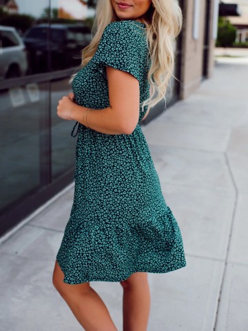 Green Flower Pattern Button Dress