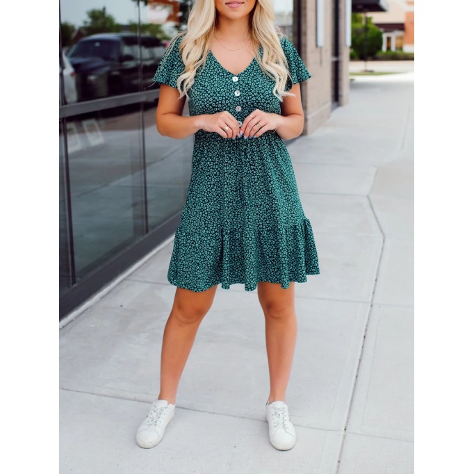 Green Flower Pattern Button Dress