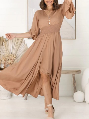 Khaki V-neck waist slimming lace-up dress