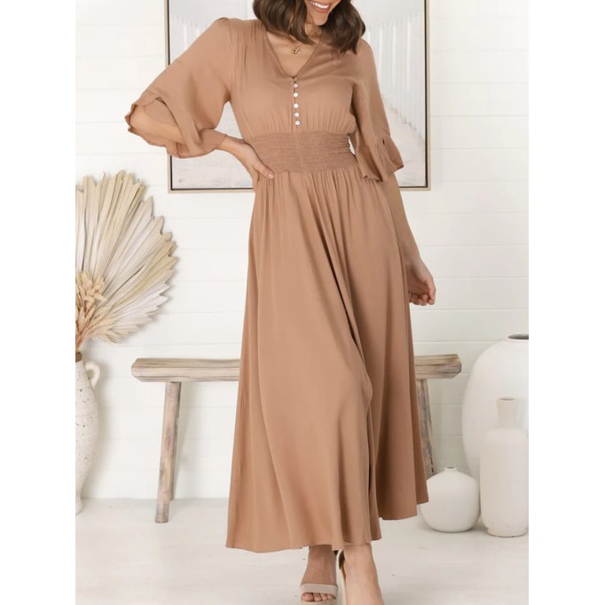 Khaki V-neck waist slimming lace-up dress