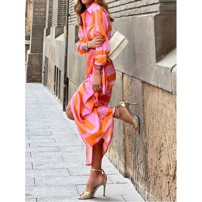 Women's Striped Print Belted Long Sleeve Dress