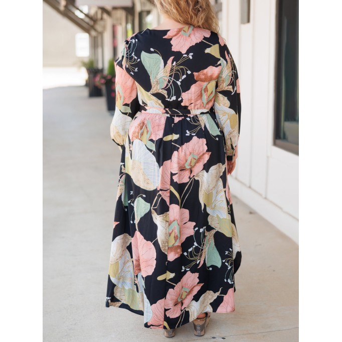 Large floral pattern printed loose fitting dress