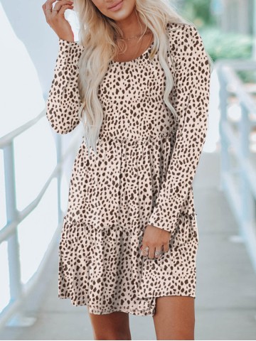 Leopard Animal Print Tiered Long Sleeve Dress