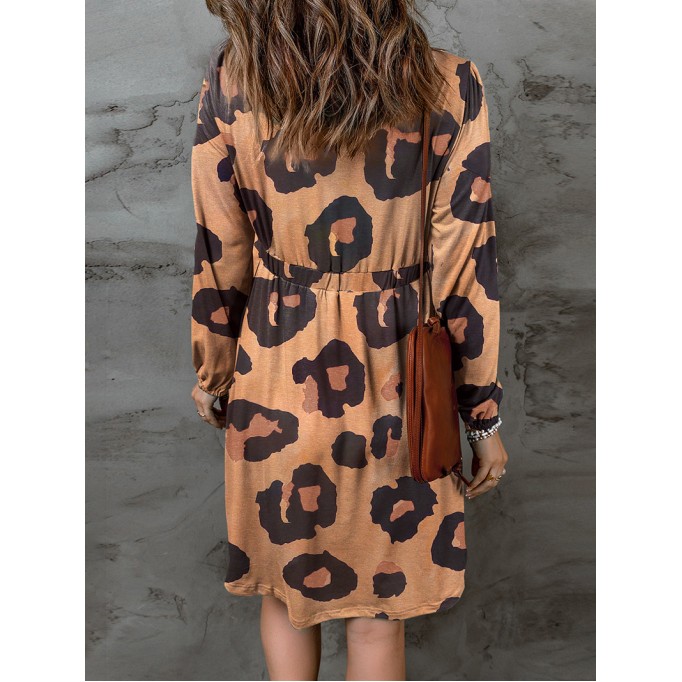 Leopard Print Button Front Bubble Sleeve Loose Knit Dress