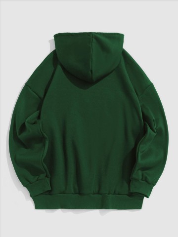 Letter-embroidered puffy fleece-lined green hoodie