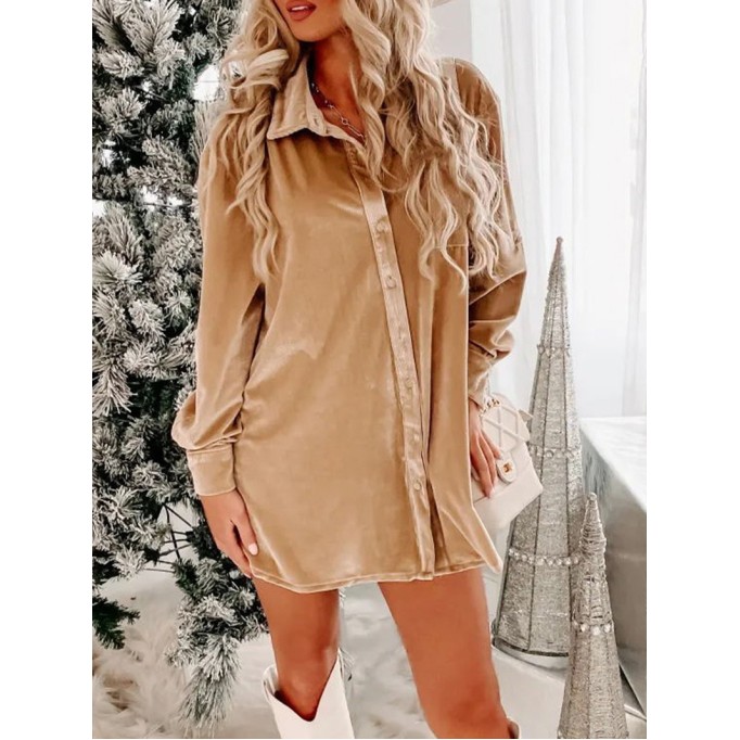 Light French Beige Velvet Button Front Shirt Mini Dress