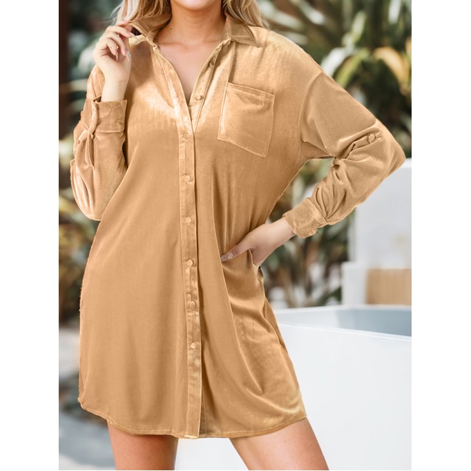 Light French Beige Velvet Button Front Shirt Mini Dress