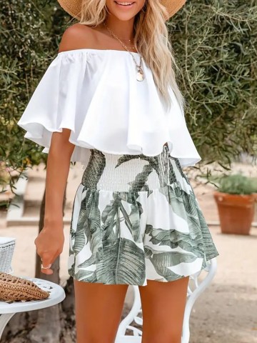 Line shoulder ruffled top + printed shorts set 2 pieces