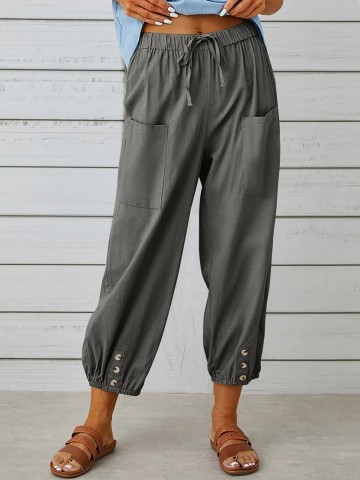 Loose-fitting high-waisted buttoned cotton and linen cropped pants