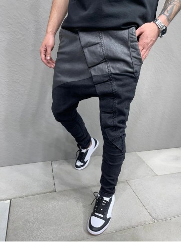 Men's black low crotch jeans