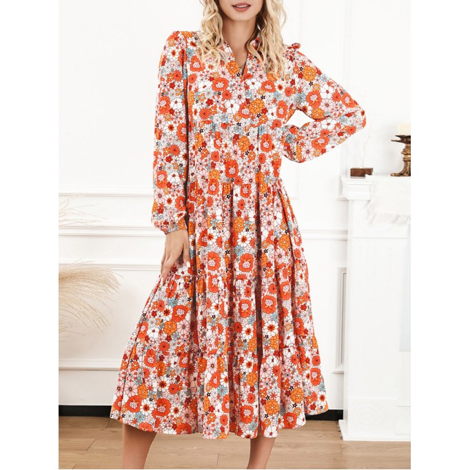 Multicolor Boho Floral Collared Long Sleeve Ruffled Dress