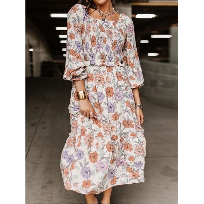 Multicolor Floral Smocked Long Sleeve Pocketed Dress