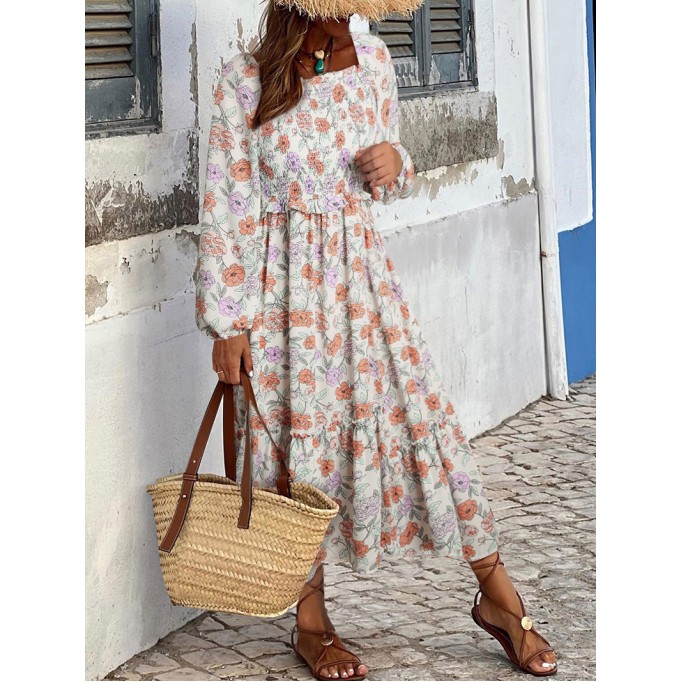 Multicolor Floral Smocked Long Sleeve Pocketed Dress