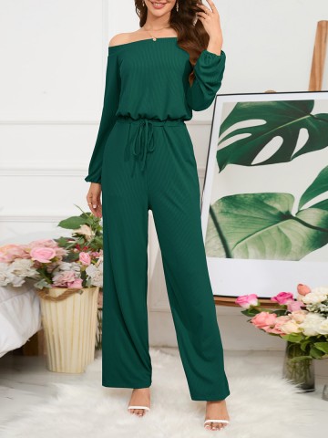 Off Shoulder Long Sleeve Lace up Wide Leg Pants Jumpsuit