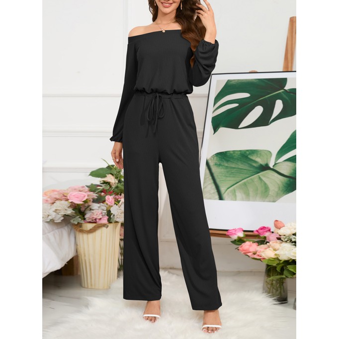 Off Shoulder Long Sleeve Lace up Wide Leg Pants Jumpsuit