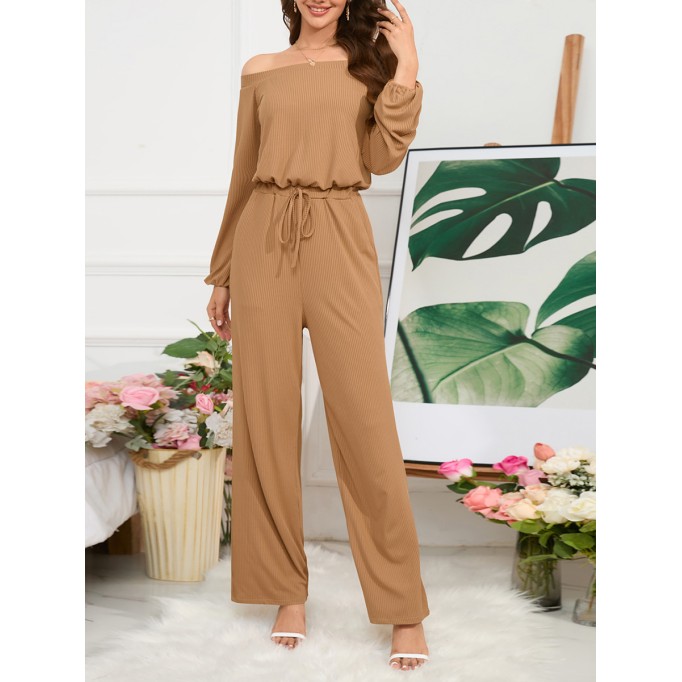 Off Shoulder Long Sleeve Lace up Wide Leg Pants Jumpsuit