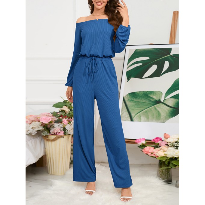 Off Shoulder Long Sleeve Lace up Wide Leg Pants Jumpsuit