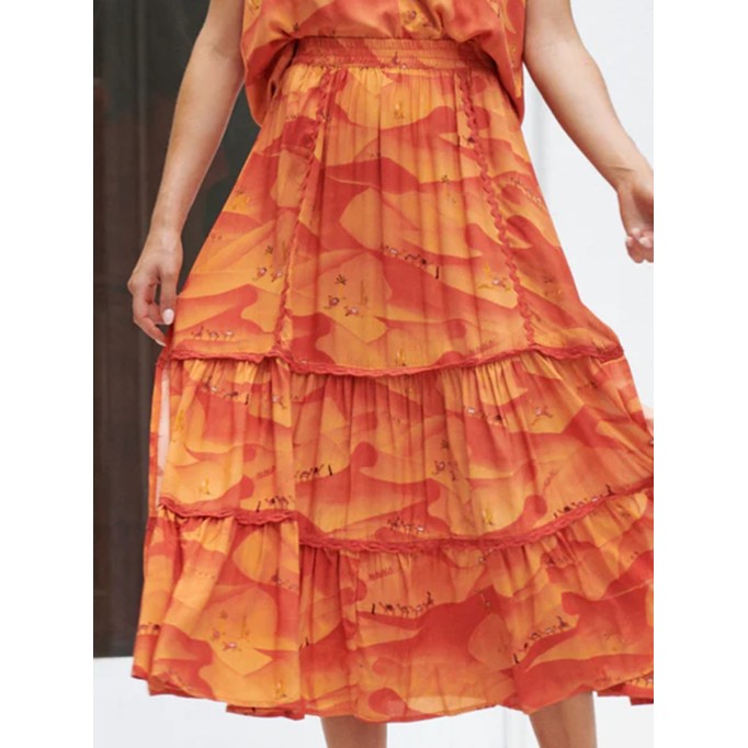 Orange V-neck cross neckline print waist dress