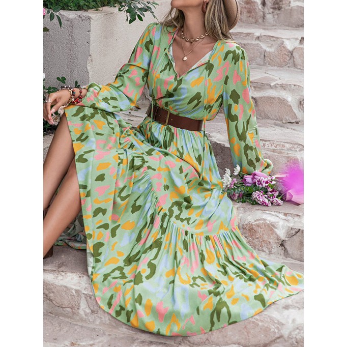 Printed Tie Neck Long Sleeve Maxi Dress