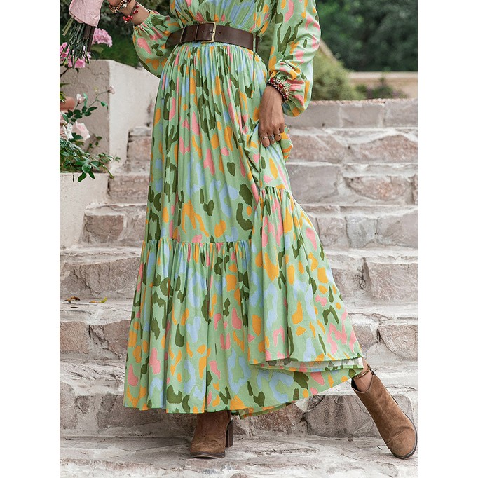 Printed Tie Neck Long Sleeve Maxi Dress